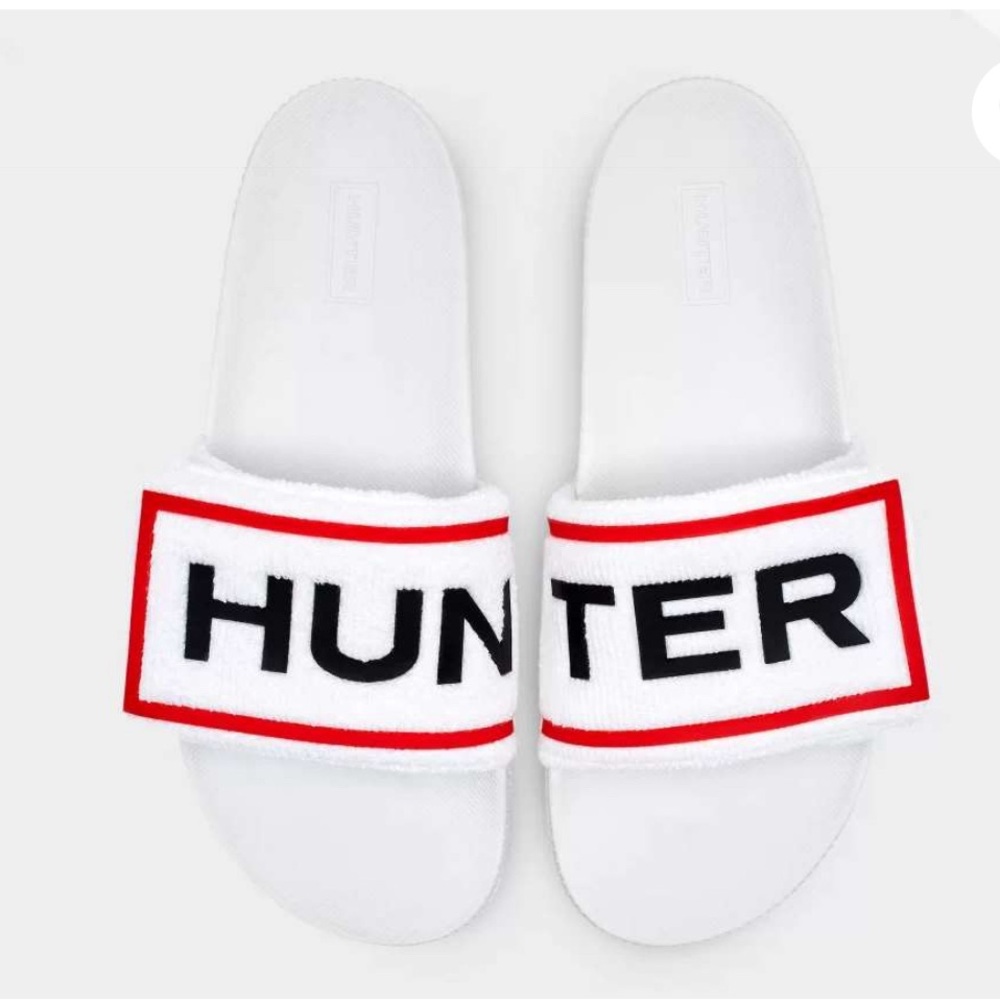 Hunter Women’s Original Terry Towelling Logo Adjustable Slides – White